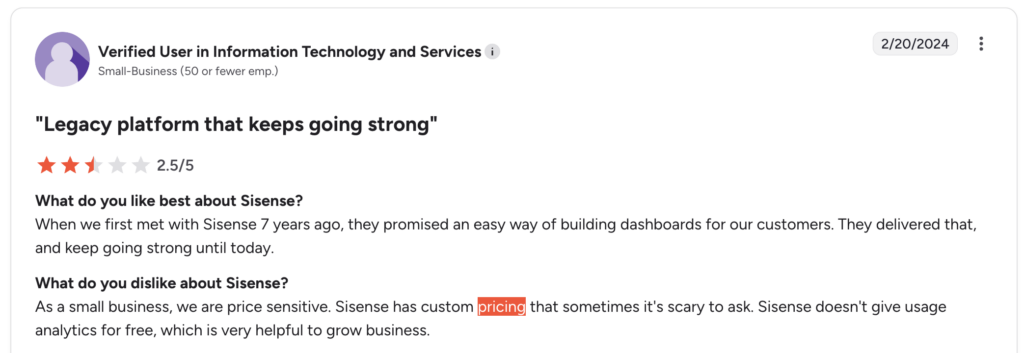 G2 review on Sisense, with a focus on pricing.
